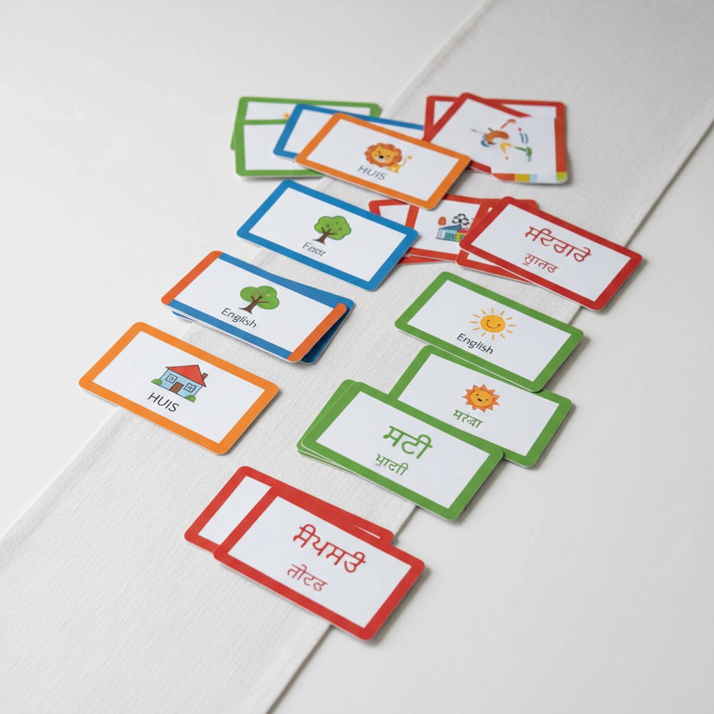 A collection of colorful cards featuring English and Dutch words, placed on a white surface.