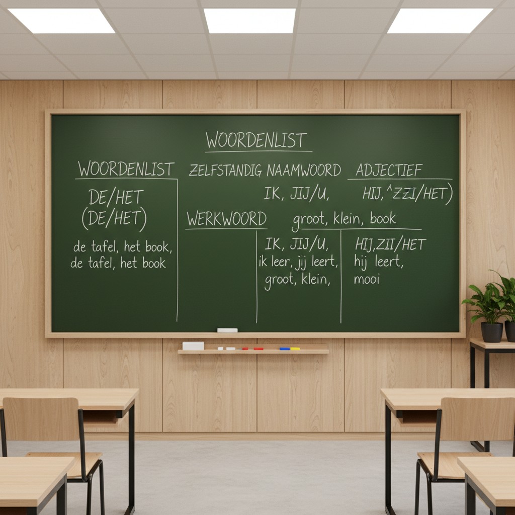 A Dutch-aligned blackboard stands in a light brown, wood panel-encased room containing light, square wood desks and black ...