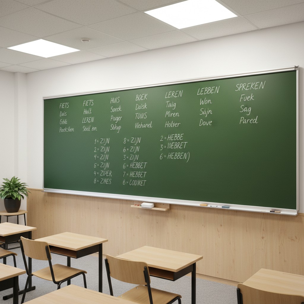 A Dutch classroom with a large green chalkboard displaying a language learning chart and wooden desks and chairs arranged ...