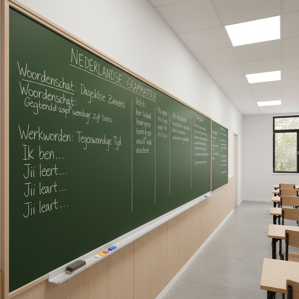 A long classroom chalkboard in a school setting, with Dutch grammar written on it.